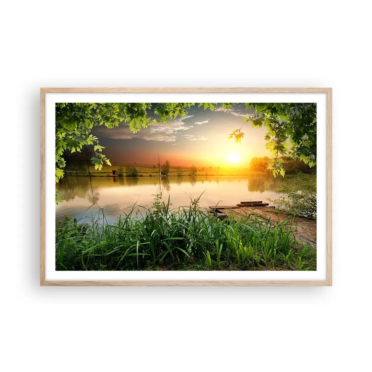 Póster en marco roble claro - Paisaje en un marco verde - 91x61 cm