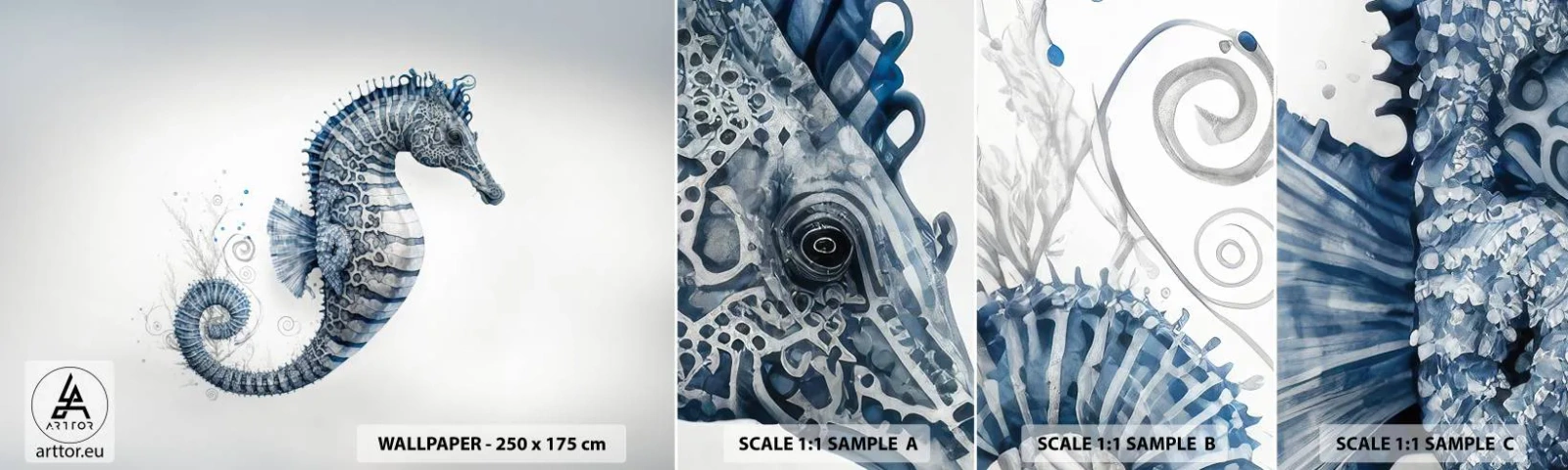 Muestra de fotomural autoadhesivo Deluxe Sticker - Una sutil broma de la naturaleza - Caballo de mar, Playa, Arrecife de coral - 100x30 cm