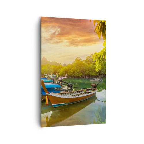 Cuadro sobre lienzo - Impresión de Imagen - Barcos tradicionales en aguas tranquilas al atardecer - 80x120cm - Antes de un día ajetreado - Decoración de pared moderna para salón y dormitorio ARTTOR