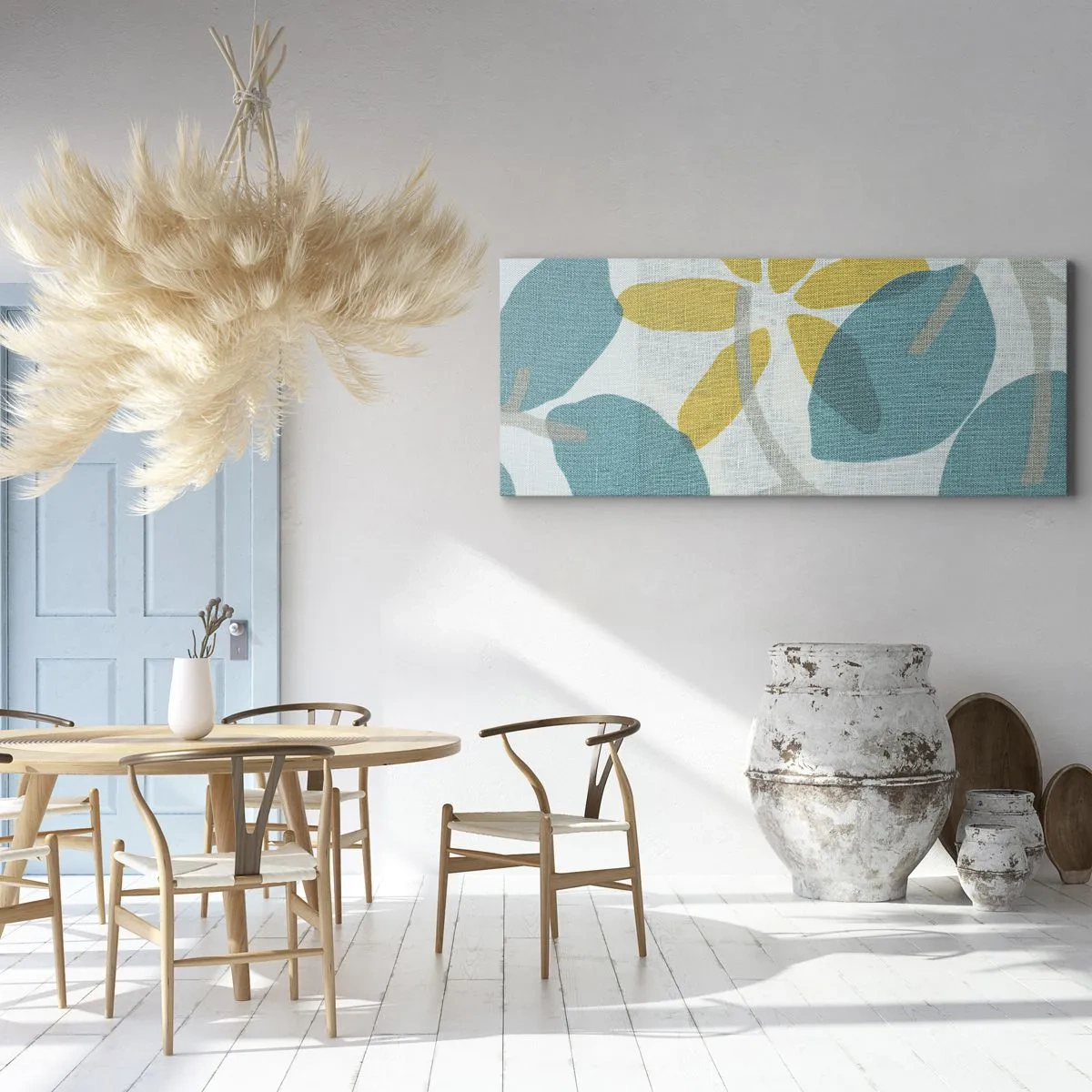 Cuadro sobre lienzo - Impresión de Imagen - Hojas en tonos turquesa y amarillo sobre un fondo claro. - 140x50cm - Entre hojas azules - Decoración de pared moderna para salón y dormitorio ARTTOR