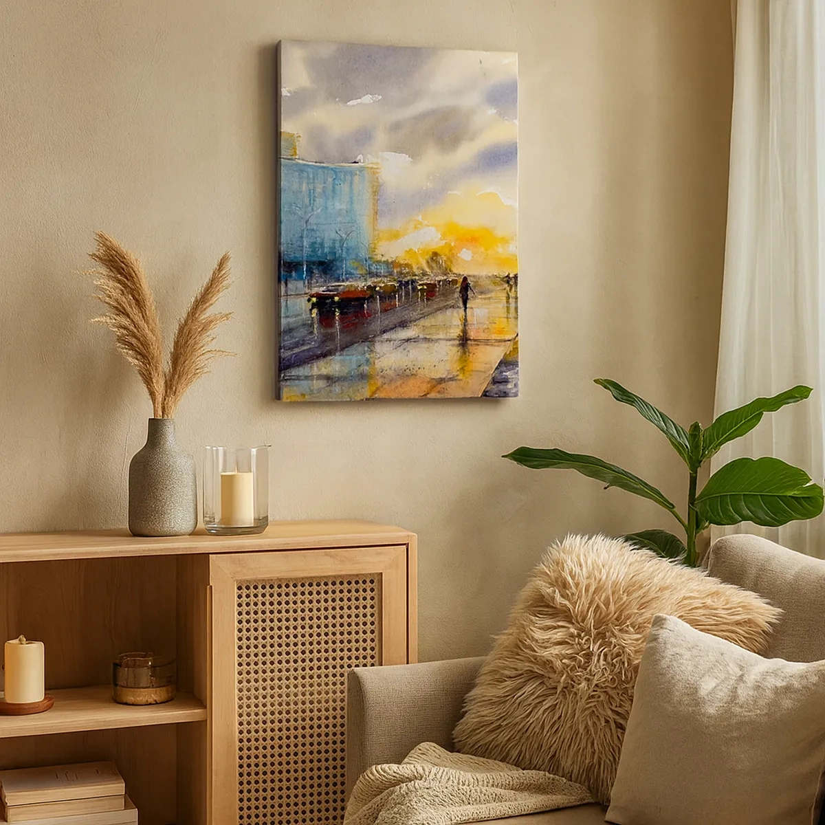 Cuadro sobre lienzo - Impresión de Imagen - Una vista pintoresca del paseo marítimo al atardecer. - 50x70cm - Vida en la orilla - Decoración de pared moderna para salón y dormitorio ARTTOR
