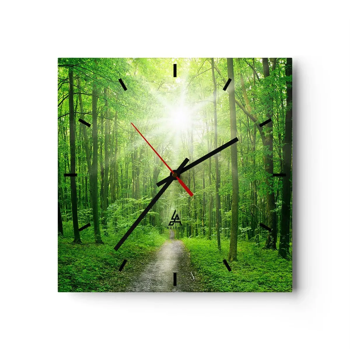 Reloj de pared - Reloj de vidrio - Camino en el bosque con rayos de sol. - 30x30cm - Catedral verde - Decoración de pared moderna para salón y dormitorio ARTTOR