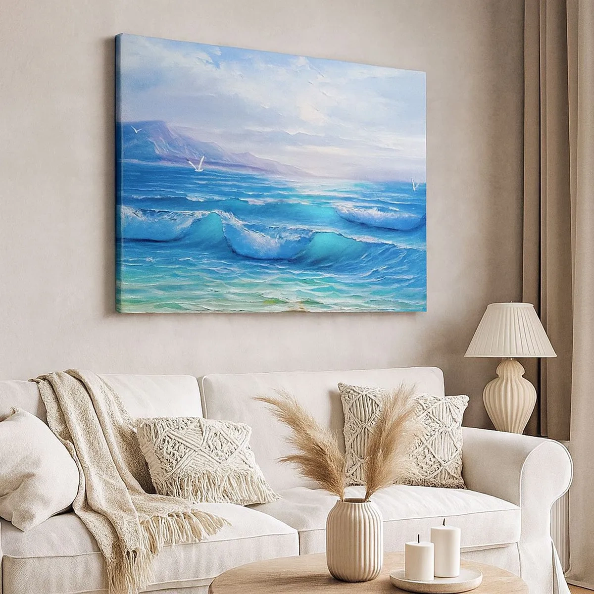Cuadro sobre lienzo - Impresión de Imagen - Un pintoresco paisaje marino con olas y un cielo azul. - 70x50cm - Trae consuelo - Decoración de pared moderna para salón y dormitorio ARTTOR