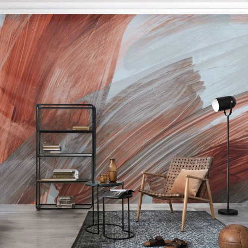 Fotomural Premium Sand - Pinceladas dinámicas en tonos rojos y grises. - 100x70cm - Abstracción otoñal y ventosa - Decoración de pared moderna para salón y dormitorio ARTTOR