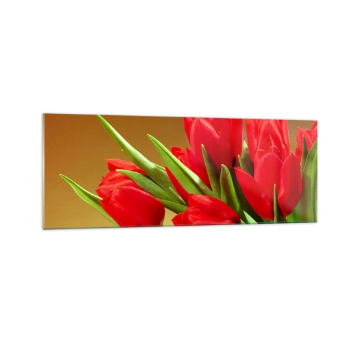 Cuadro sobre vidrio - Impresiones sobre Vidrio - Un ramo de tulipanes rojos sobre un fondo dorado con hojas verdes. - 140x50cm - Estallido de alegría primaveral - Decoración de pared moderna para salón y dormitorio ARTTOR