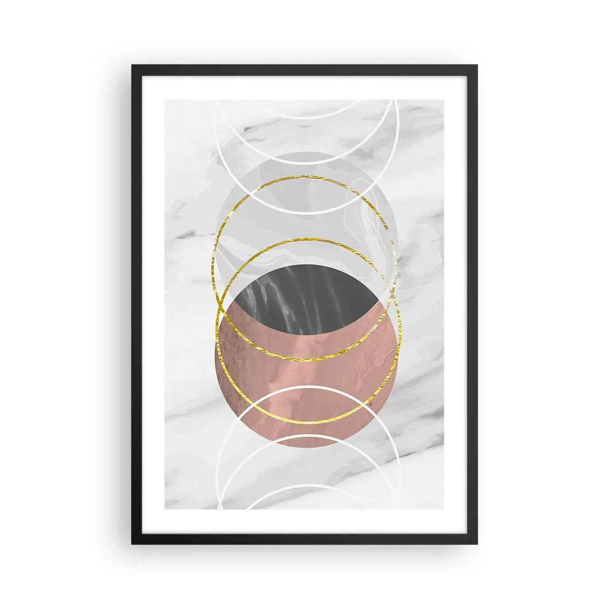 Póster en marco negro - Composición abstracta con círculos y acentos dorados. - 50x70cm - Música de las esferas - Decoración de pared moderna para salón y dormitorio ARTTOR