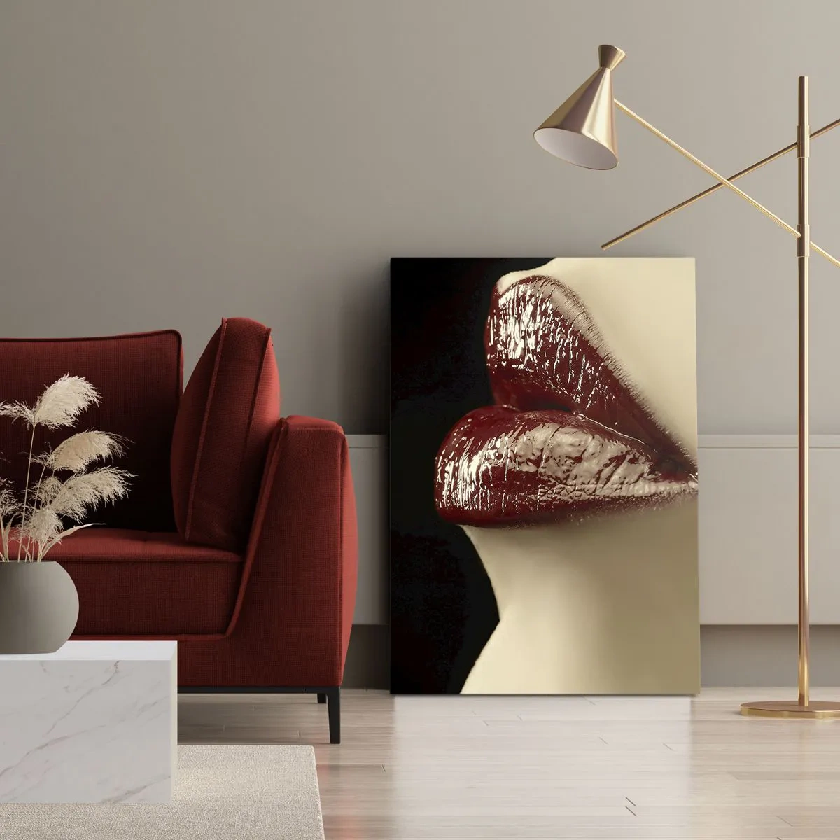 Cuadro sobre lienzo - Impresión de Imagen - Labios rojos y lápiz labial sobre un fondo negro. - 50x70cm - Sensualidad y brillo del carmín - Decoración de pared moderna para salón y dormitorio ARTTOR