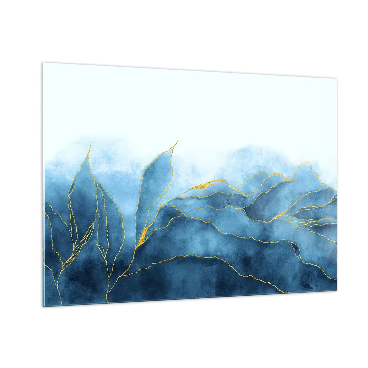 Cuadro sobre vidrio - Impresiones sobre Vidrio - Formas abstractas azules con delicadas líneas doradas. - 100x70cm - Oro y azul - Decoración de pared moderna para salón y dormitorio ARTTOR