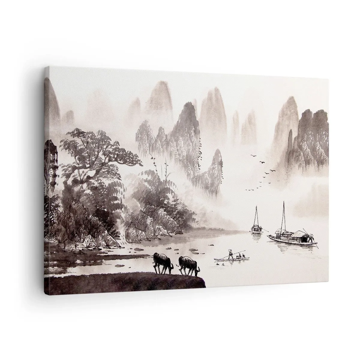 Cuadro sobre lienzo - Impresión de Imagen - Un pintoresco paisaje de estilo asiático con montañas brumosas. - 70x50cm - La exótica vida cotidiana de Oriente - Decoración de pared moderna para salón y dormitorio ARTTOR