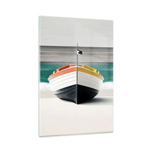 Cuadro sobre vidrio - Impresiones sobre Vidrio - Un barco en la playa con un mar turquesa al fondo. - 80x120cm - En su lugar exacto - Decoración de pared moderna para salón y dormitorio ARTTOR