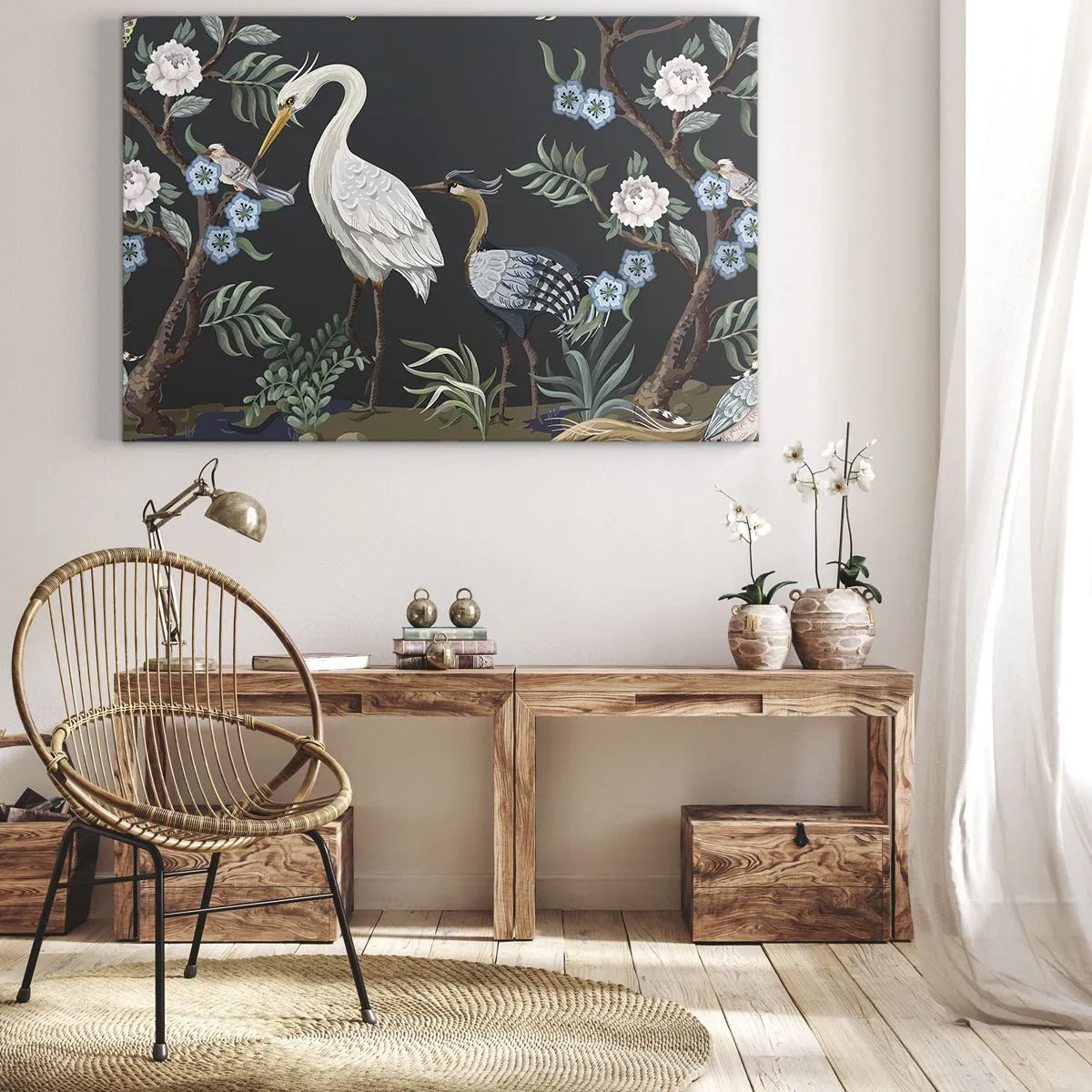 Cuadro sobre lienzo - Impresión de Imagen - Pájaros y plantas pintados sobre un fondo oscuro con un patrón elegante. - 70x50cm - Desfile de aves - Decoración de pared moderna para salón y dormitorio ARTTOR