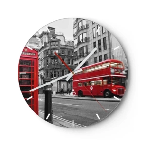 Reloj de pared - Reloj de vidrio - Un autobús rojo y una cabina telefónica con las calles de Londres como telón de fondo. - 30x30cm - El más rojo de Europa - Decoración de pared moderna para salón, cocina y dormitorio ARTTOR