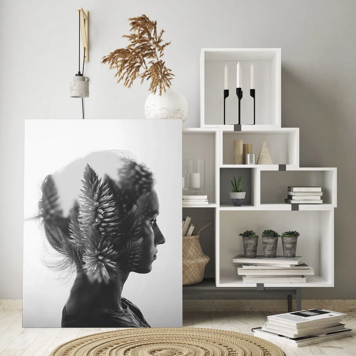 Cuadro sobre vidrio - Impresiones sobre Vidrio - Un retrato sutil con elementos de la naturaleza. - 70x100cm - La dama del bosque de pinos - Decoración de pared moderna para salón y dormitorio ARTTOR
