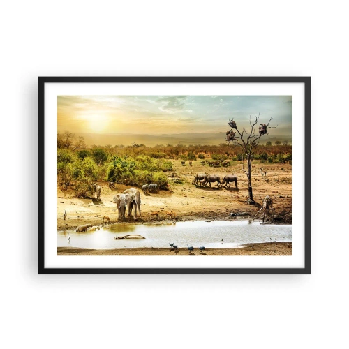 Póster en marco negro - Elefantes y animales salvajes en un abrevadero al atardecer - 70x50cm - Y del Edén fluyó un río... - Decoración de pared moderna para salón y dormitorio ARTTOR