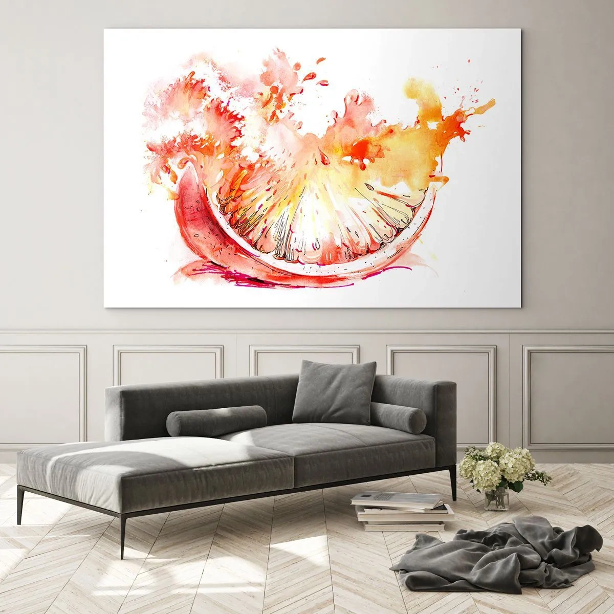Cuadro sobre vidrio - Impresiones sobre Vidrio - Pintura de acuarela de un jugoso segmento de pomelo en movimiento. - 70x50cm - Jugoso refresco - Decoración de pared moderna para salón y dormitorio ARTTOR