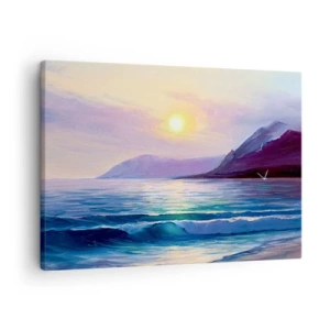 Cuadro sobre lienzo - Impresión de Imagen - Un pintoresco paisaje marino al atardecer con olas y montañas. - 70x50cm - Cristal de agua y aire - Decoración de pared moderna para salón y dormitorio ARTTOR