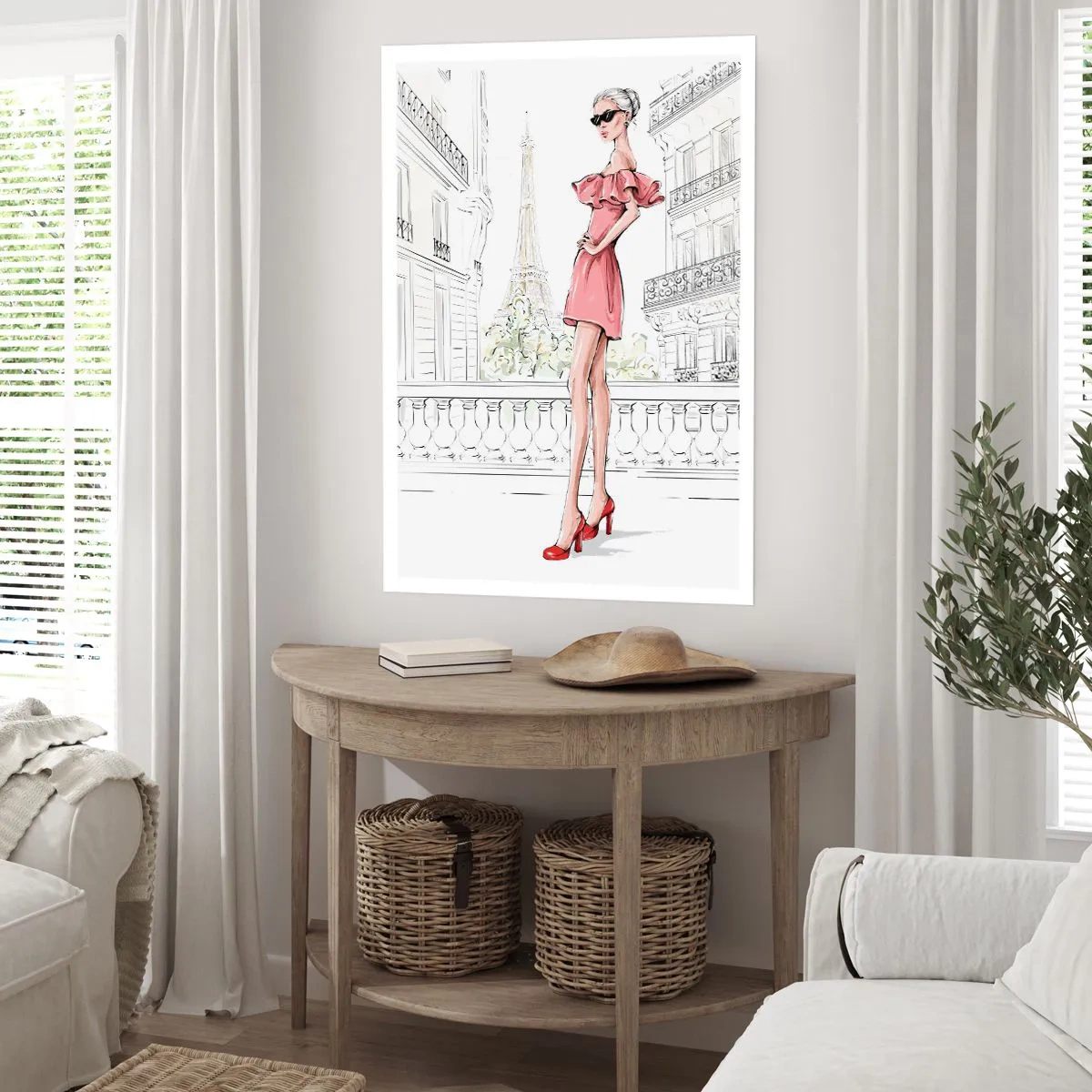 Póster - Una mujer elegante con un vestido rosa con la Torre Eiffel al fondo. - 50x70cm - El arte de la moda - Decoración de pared moderna para salón y dormitorio ARTTOR