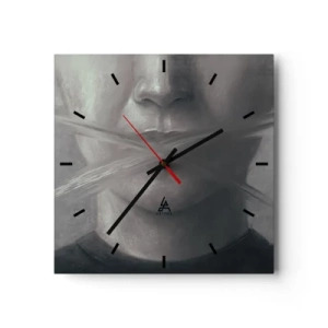 Reloj de pared - Reloj de vidrio - Un retrato simbólico con labios difuminados en tonos grises. - 30x30cm - Ni una palabra - Decoración de pared moderna para salón y dormitorio ARTTOR