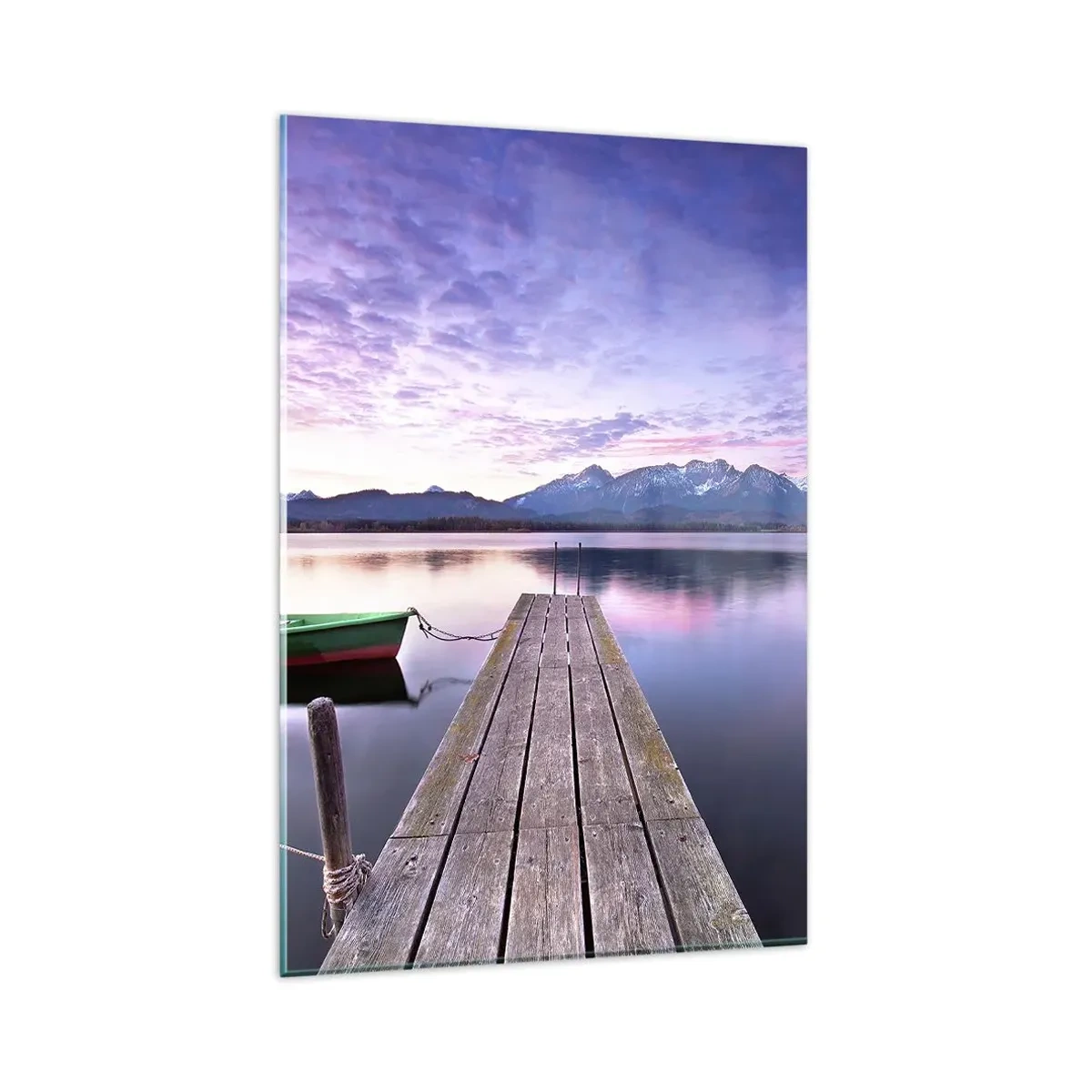Cuadro sobre vidrio - Impresiones sobre Vidrio - Un muelle de madera con un barco en un lago rodeado de montañas al atardecer. - 80x120cm - Un silencio amistoso - Decoración de pared moderna para salón y dormitorio ARTTOR
