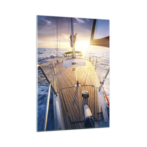 Cuadro sobre vidrio - Impresiones sobre Vidrio - La cubierta de un velero con el sol poniente y las olas del mar como telón de fondo. - 50x70cm - Corriendo sobre las olas - Decoración de pared moderna para salón y dormitorio ARTTOR