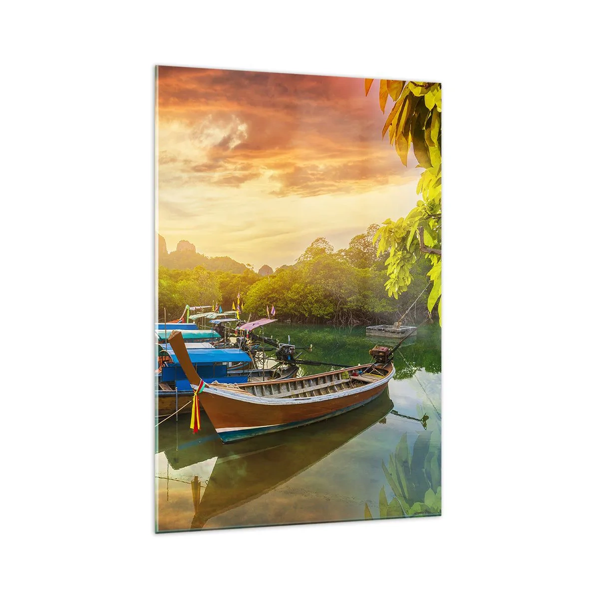 Cuadro sobre vidrio - Impresiones sobre Vidrio - Barcos tradicionales en aguas tranquilas al atardecer - 70x100cm - Antes de un día ajetreado - Decoración de pared moderna para salón y dormitorio ARTTOR