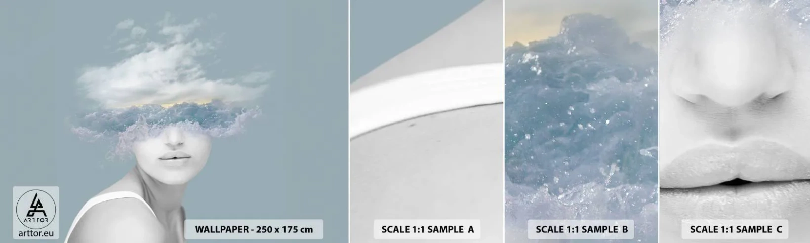 Muestra de fotomural autoadhesivo Deluxe Sticker - Con la cabeza en las nubes - Brillante, Retrato, Nubes - 100x30 cm