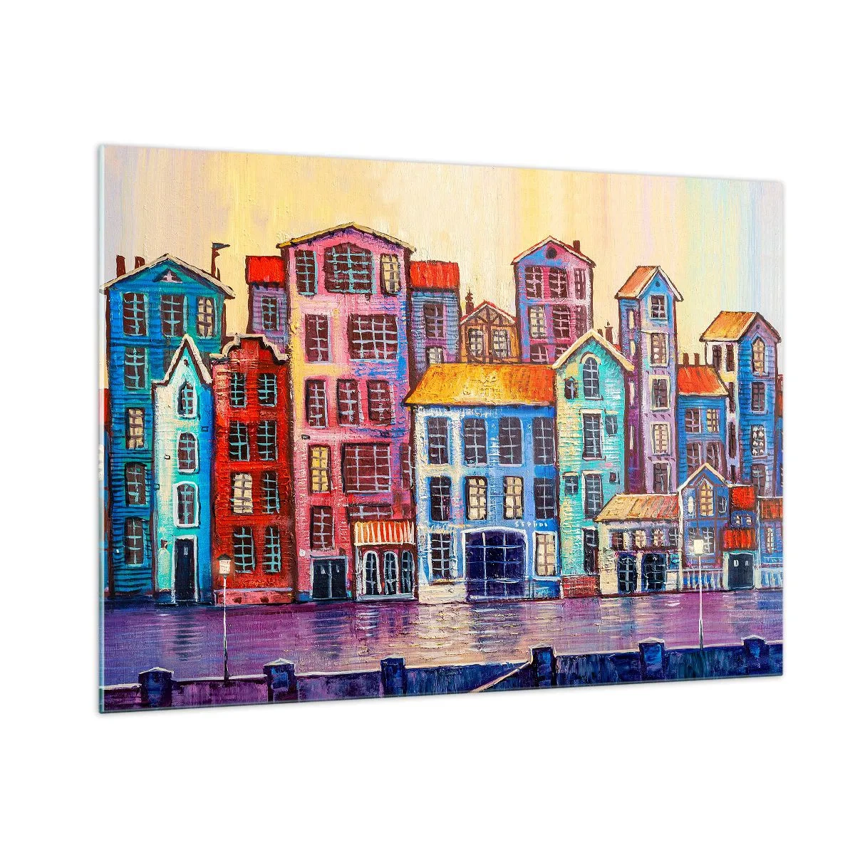 Cuadro sobre vidrio - Impresiones sobre Vidrio - Casas de vecindad coloridas reflejadas en el agua - 100x70cm - Una ciudad como un cuento de hadas - Decoración de pared moderna para salón y dormitorio ARTTOR