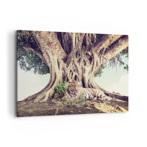 Cuadro sobre lienzo - Impresión de Imagen - Un tigre descansando bajo un árbol extendido - 100x70cm - Una visión desde el Génesis - Decoración de pared moderna para salón y dormitorio ARTTOR