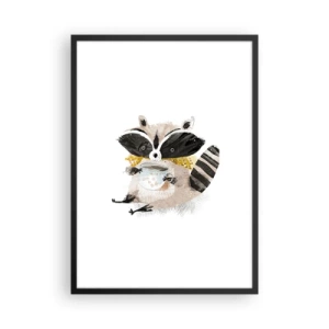 Póster en marco negro - Un dibujo de un mapache con una bufanda y sosteniendo una taza de té. - 50x70cm - Mi amigo mapache - Decoración de pared moderna para salón y dormitorio ARTTOR