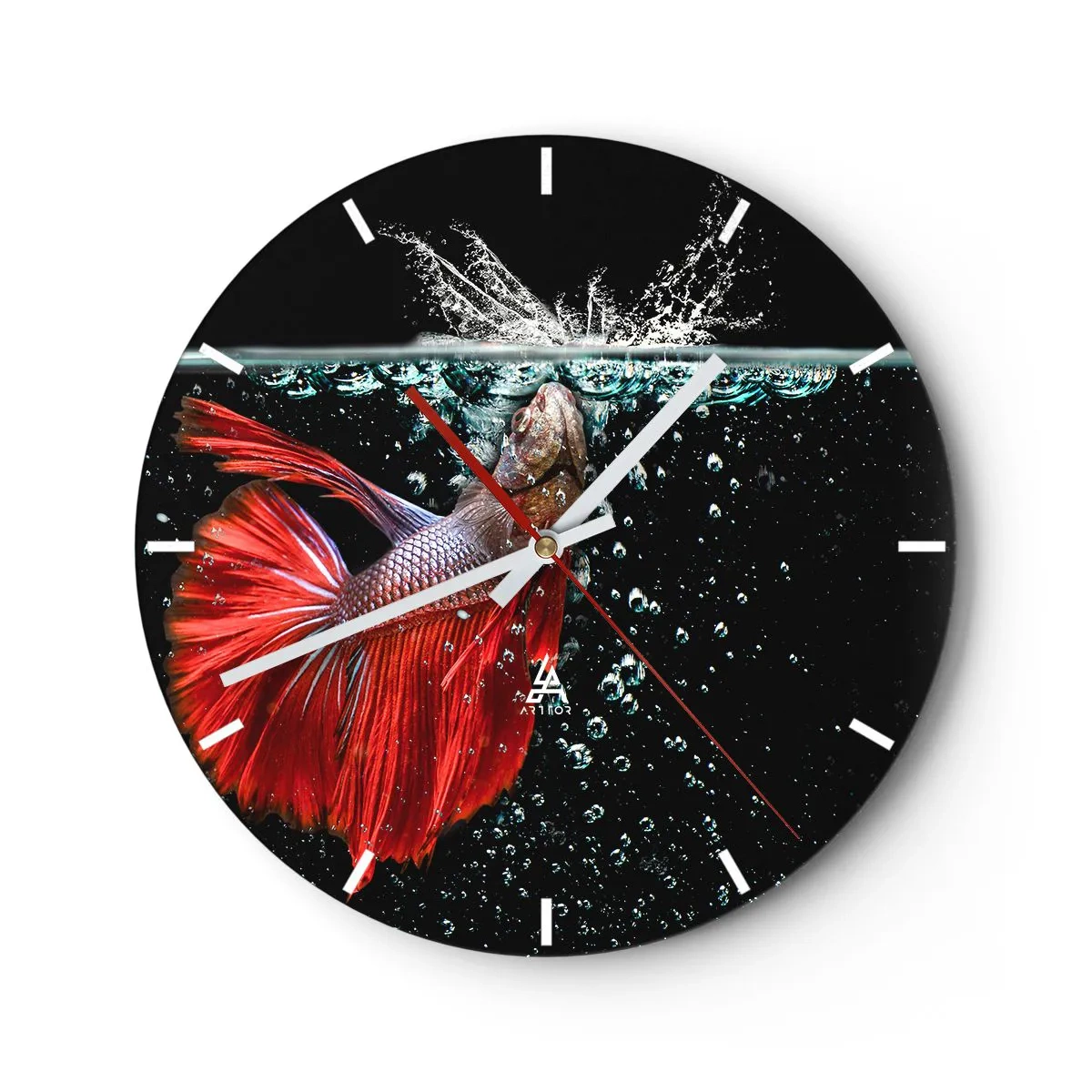 Reloj de pared - Reloj de vidrio - Un pez rojo en una toma dinámica con agua y burbujas. - 30x30cm - Tienes tres deseos - Decoración de pared moderna para salón, cocina y dormitorio ARTTOR