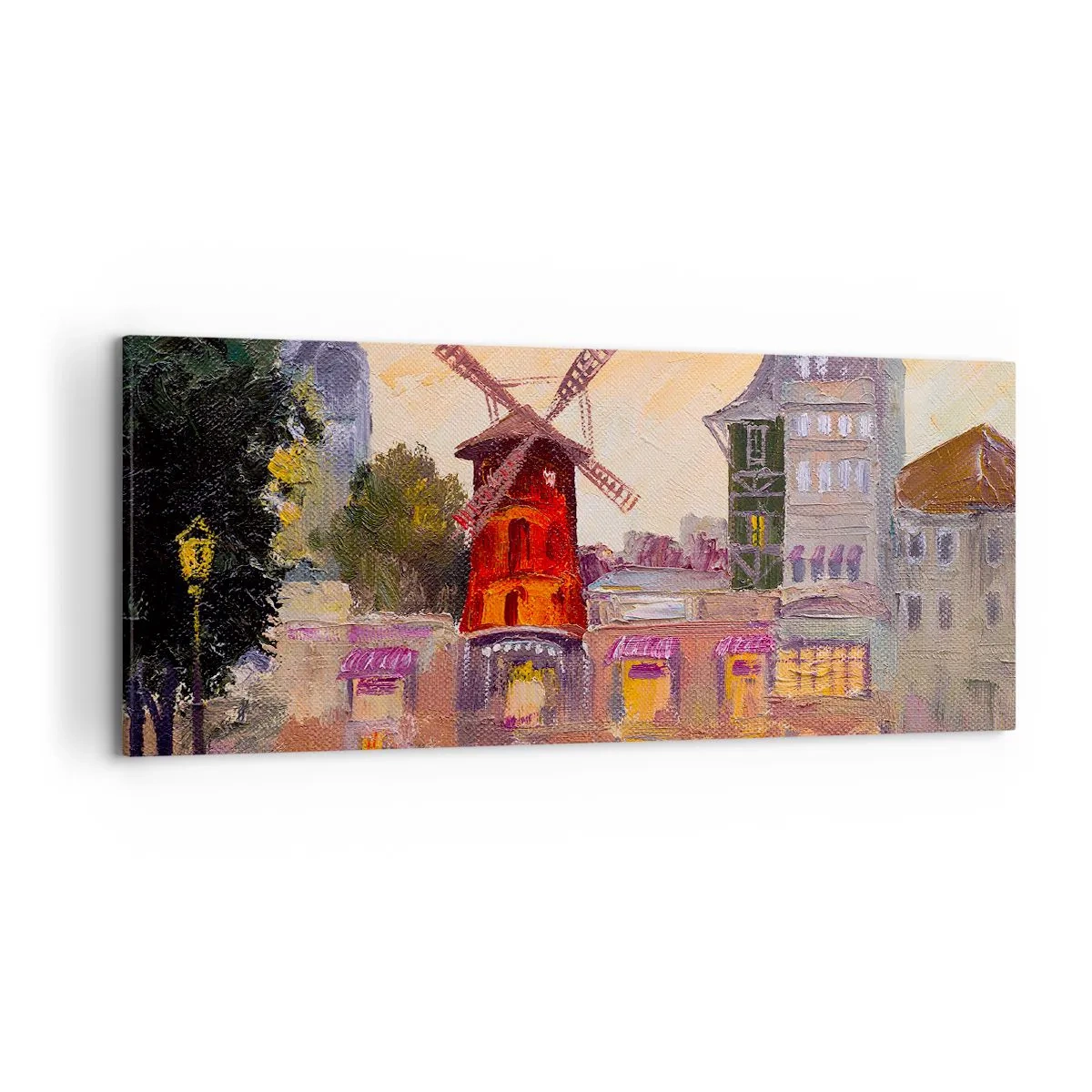 Cuadro sobre lienzo - Impresión de Imagen - El molino de viento rojo del Moulin Rouge rodeado del paisaje urbano - 120x50cm - Iconos parisinos - Moulin Rouge - Decoración de pared moderna para salón y dormitorio ARTTOR