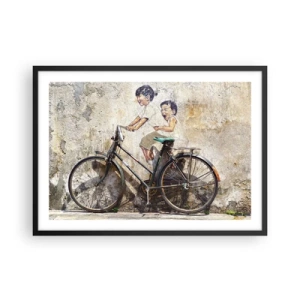 Póster en marco negro - Arte callejero con una bicicleta y dibujos infantiles en la pared. - 70x50cm - ¿Verdadero o falso? - Decoración de pared moderna para salón y dormitorio ARTTOR