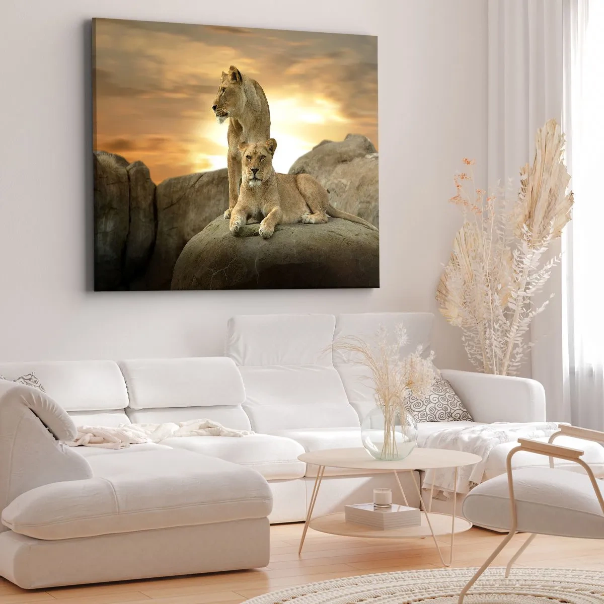 Cuadro sobre lienzo - Impresión de Imagen - Dos leonas descansando sobre una roca durante la puesta de sol - 70x50cm - Majestuosidad real - Decoración de pared moderna para salón y dormitorio ARTTOR