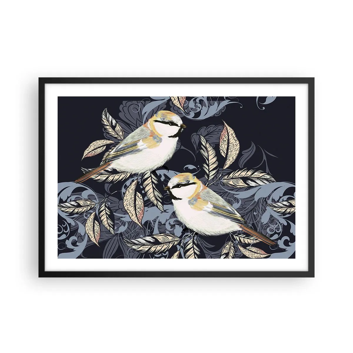 Póster en marco negro - Pájaros en ramas sobre un fondo ornamental. - 70x50cm - En la copa del árbol - Decoración de pared moderna para salón y dormitorio ARTTOR