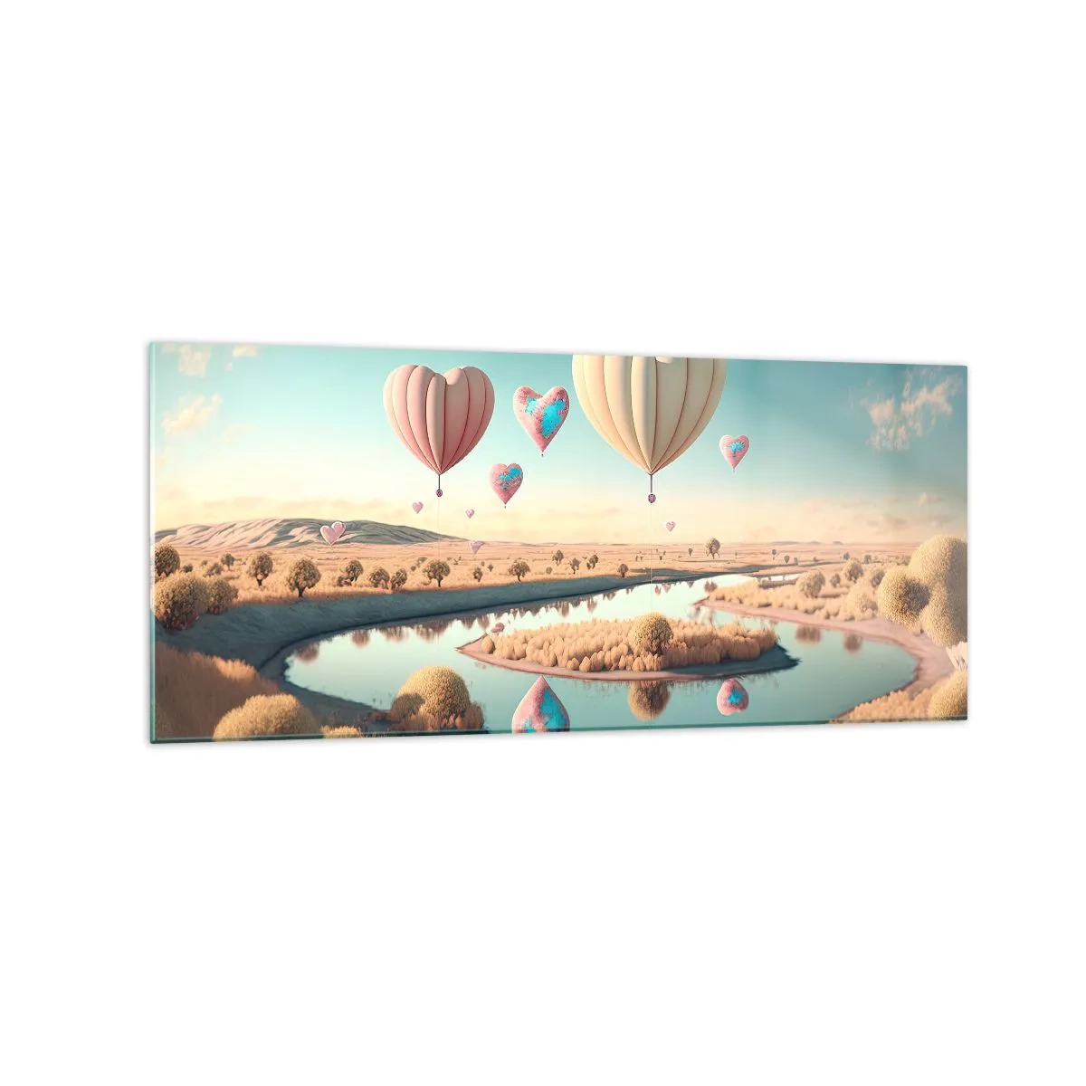 Cuadro sobre vidrio - Impresiones sobre Vidrio - Globos en forma de corazón flotando sobre el paisaje. - 120x50cm - El amor te hace volar - Decoración de pared moderna para salón y dormitorio ARTTOR