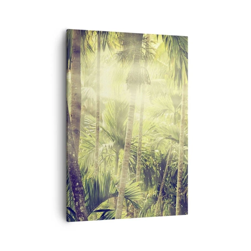 Cuadro sobre lienzo - Impresión de Imagen - Rayos de sol en un bosque tropical de palmeras - 50x70cm - En el cálido verde - Decoración de pared moderna para salón y dormitorio ARTTOR