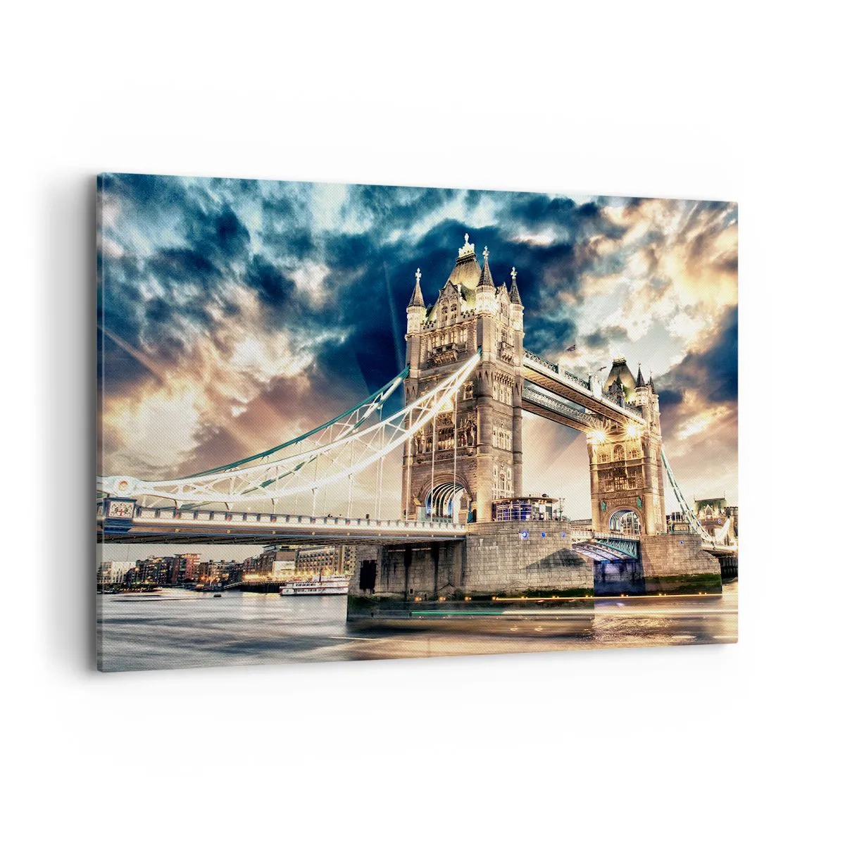 Cuadro sobre lienzo - Impresión de Imagen - El Tower Bridge al anochecer contra un cielo dinámico - 100x70cm - Un monumento a un imperio victoriano - Decoración de pared moderna para salón y dormitorio ARTTOR