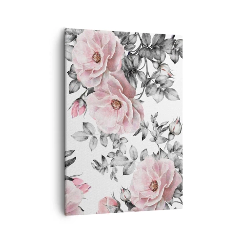 Cuadro sobre lienzo - Impresión de Imagen - Rosas rosas y hojas sobre un delicado fondo blanco y negro. - 50x70cm - Entre las rosas - Decoración de pared moderna para salón y dormitorio ARTTOR