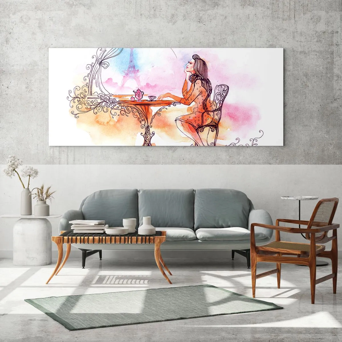 Cuadro sobre vidrio - Impresiones sobre Vidrio - Acuarela romántica de una mujer en un café con vistas a una torre. - 120x50cm - Estilo parisino - Decoración de pared moderna para salón y dormitorio ARTTOR