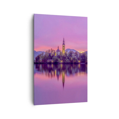Cuadro sobre lienzo - Impresión de Imagen - Lago con una isla y una iglesia al atardecer - 80x120cm - Isla de cuento de hadas al atardecer  - Decoración de pared moderna para salón y dormitorio ARTTOR