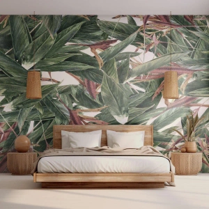 Fotomural Premium Sand - Patrón de hojas botánicas en colores naturales. - 100x70cm - Naturaleza esmeralda y lila - Decoración de pared moderna para salón y dormitorio ARTTOR