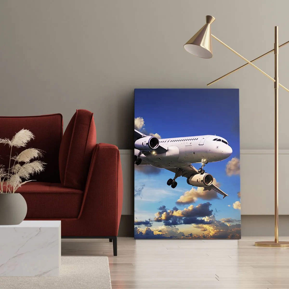 Cuadro sobre lienzo - Impresión de Imagen - Un avión de pasajeros contra las nubes al atardecer. - 50x70cm - Un viaje en blanco y azul - Decoración de pared moderna para salón y dormitorio ARTTOR