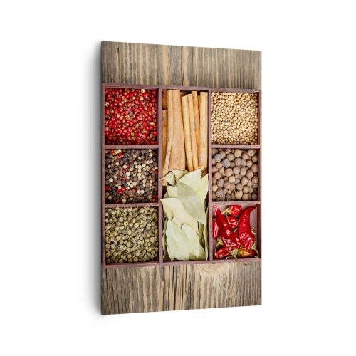 Cuadro sobre lienzo - Impresión de Imagen - Caja de madera con varias especias en compartimentos. - 80x120cm - Orden de formas, composición de aromas - Decoración de pared moderna para salón y dormitorio ARTTOR