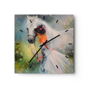 Reloj de pared - Reloj de vidrio - Una mujer con un caballo blanco en un entorno pintoresco. - 30x30cm - Como si de un hermoso sueño se tratara - Decoración de pared moderna para salón y dormitorio ARTTOR
