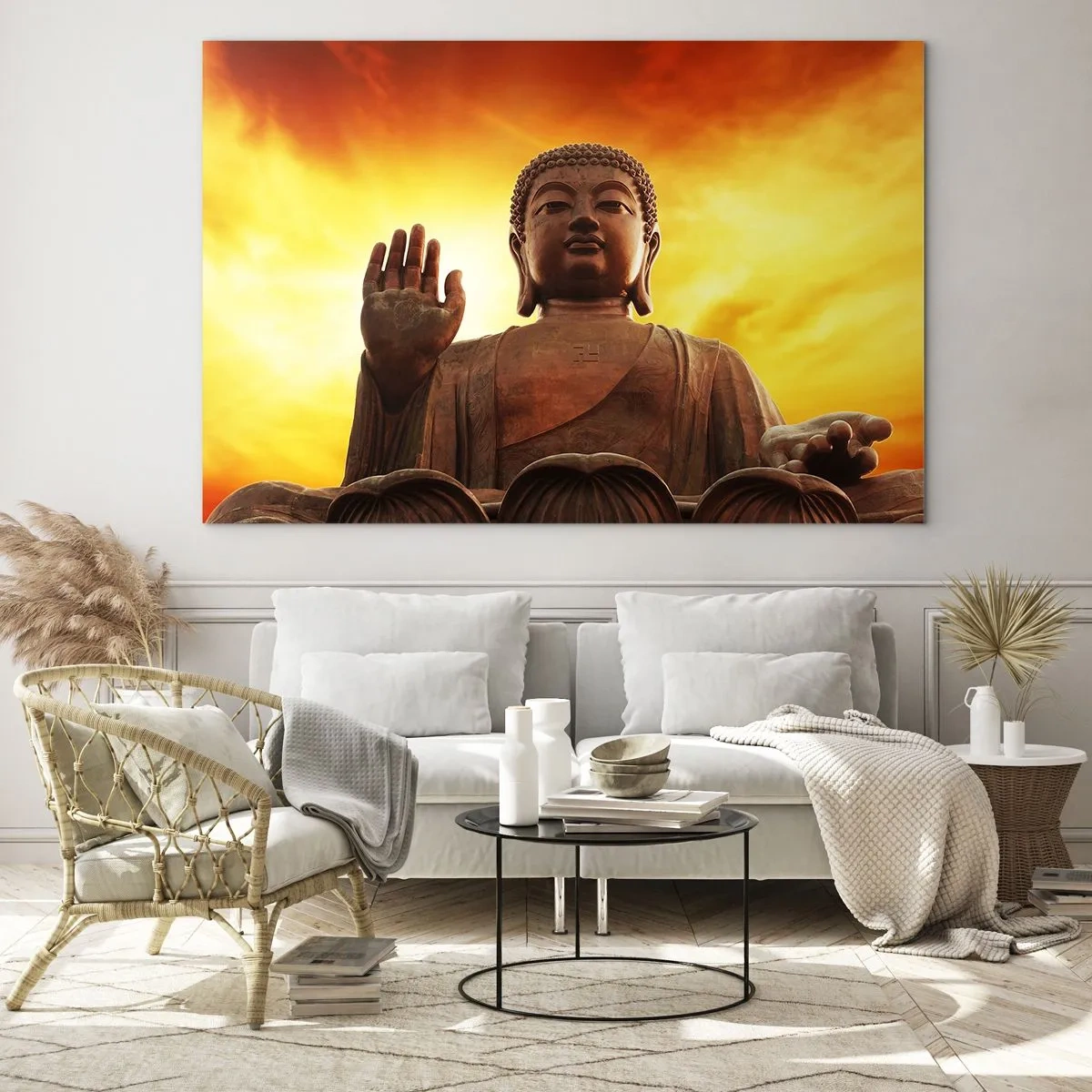 Cuadro sobre vidrio - Impresiones sobre Vidrio - Una estatua de Buda con el telón de fondo de una puesta de sol dorada. - 70x50cm - La calma del mundo - Decoración de pared moderna para salón y dormitorio ARTTOR