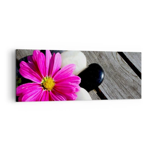 Cuadro sobre lienzo - Impresión de Imagen - Flor rosa sobre un fondo de tablas de madera con piedras. - 140x50cm - Descansando en el muelle - Decoración de pared moderna para salón y dormitorio ARTTOR
