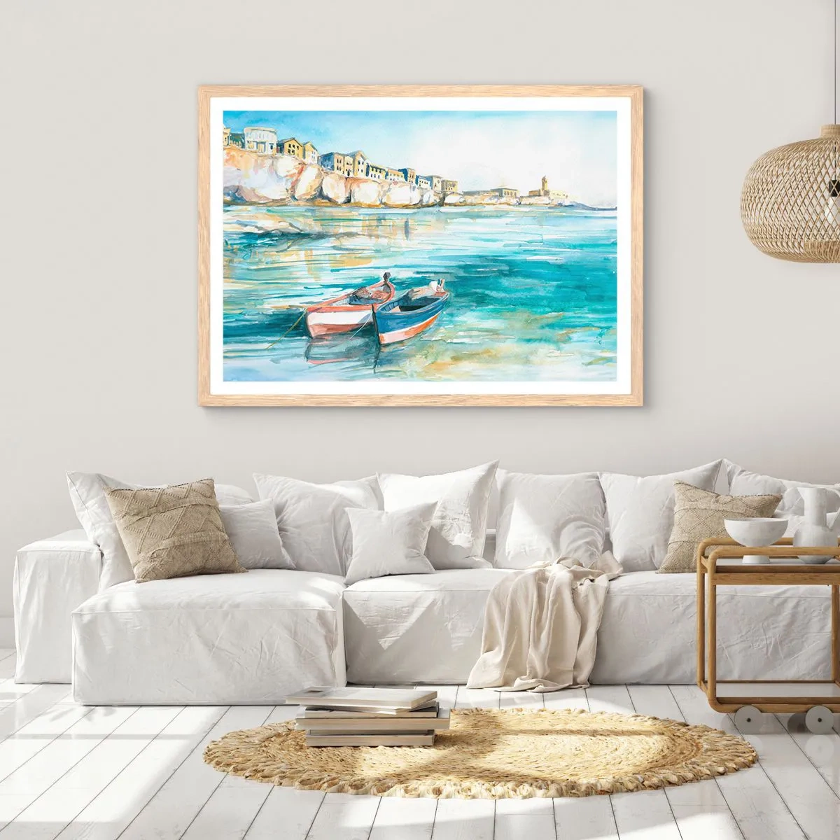 Póster en marco roble claro - Paisaje en azul - 100x70 cm