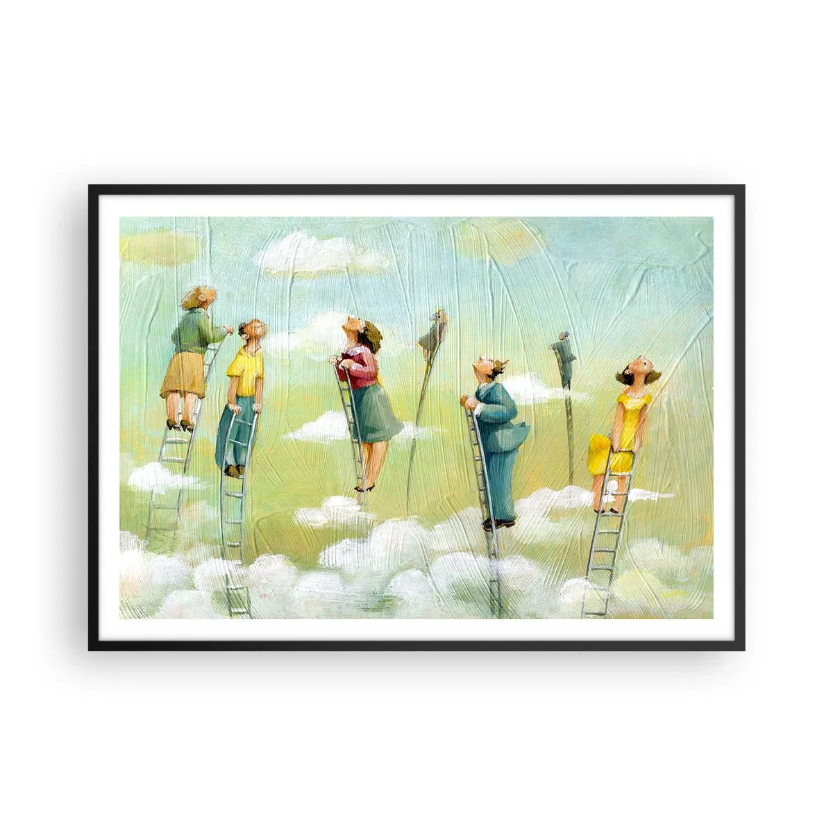 Póster en marco negro - Figuras subiendo escaleras entre nubes sobre un fondo pastel. - 100x70cm - Sigue tu sueño - Decoración de pared moderna para salón y dormitorio ARTTOR