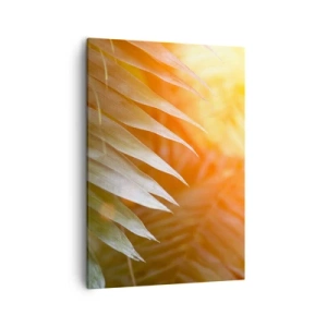 Cuadro sobre lienzo - Impresión de Imagen - Hojas de palma en los rayos del atardecer. - 50x70cm - Mañana en la selva - Decoración de pared moderna para salón y dormitorio ARTTOR