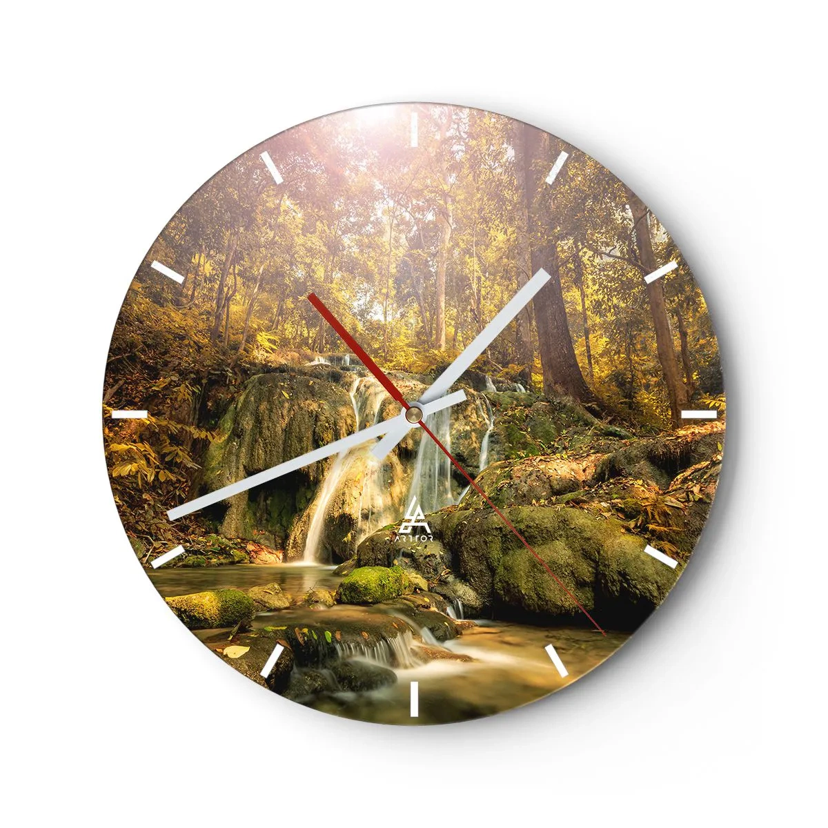Reloj de pared - Reloj de vidrio - Cascada del bosque bajo el sol - 30x30cm - Cascada forestal en verde - Decoración de pared moderna para salón, cocina y dormitorio ARTTOR